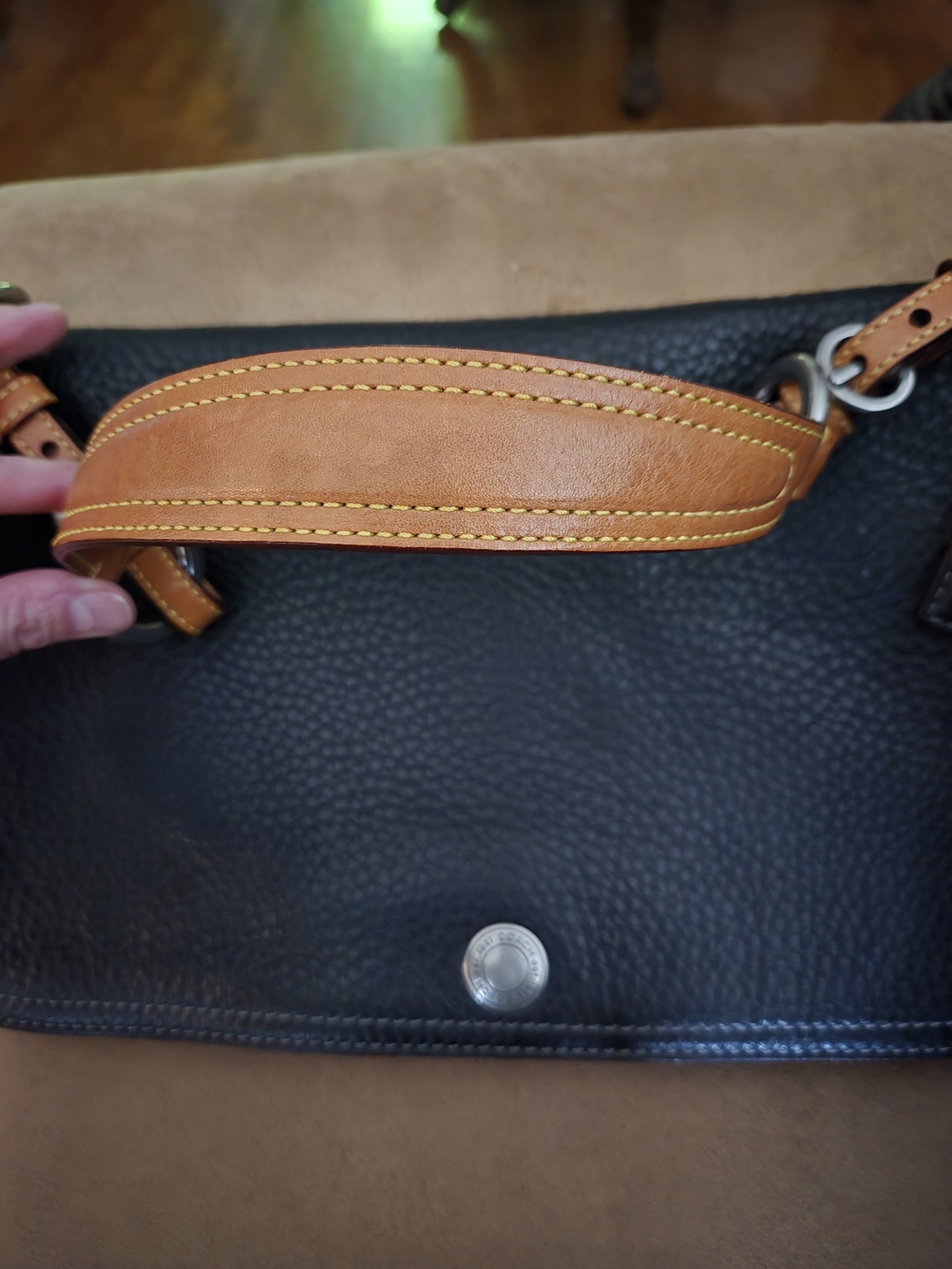 Coach Black Pebbled Leather Shoulder Bag with Tan Strap